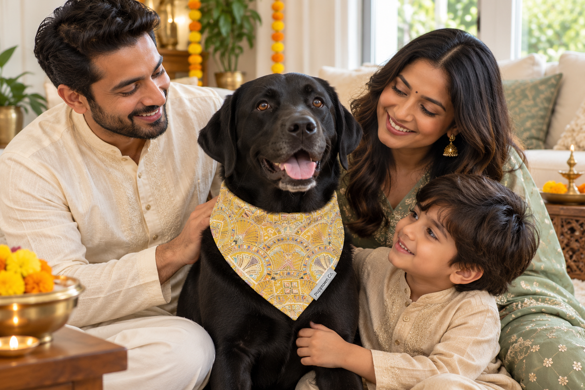 Family celebrating Diwali with their dog in a golden bandana