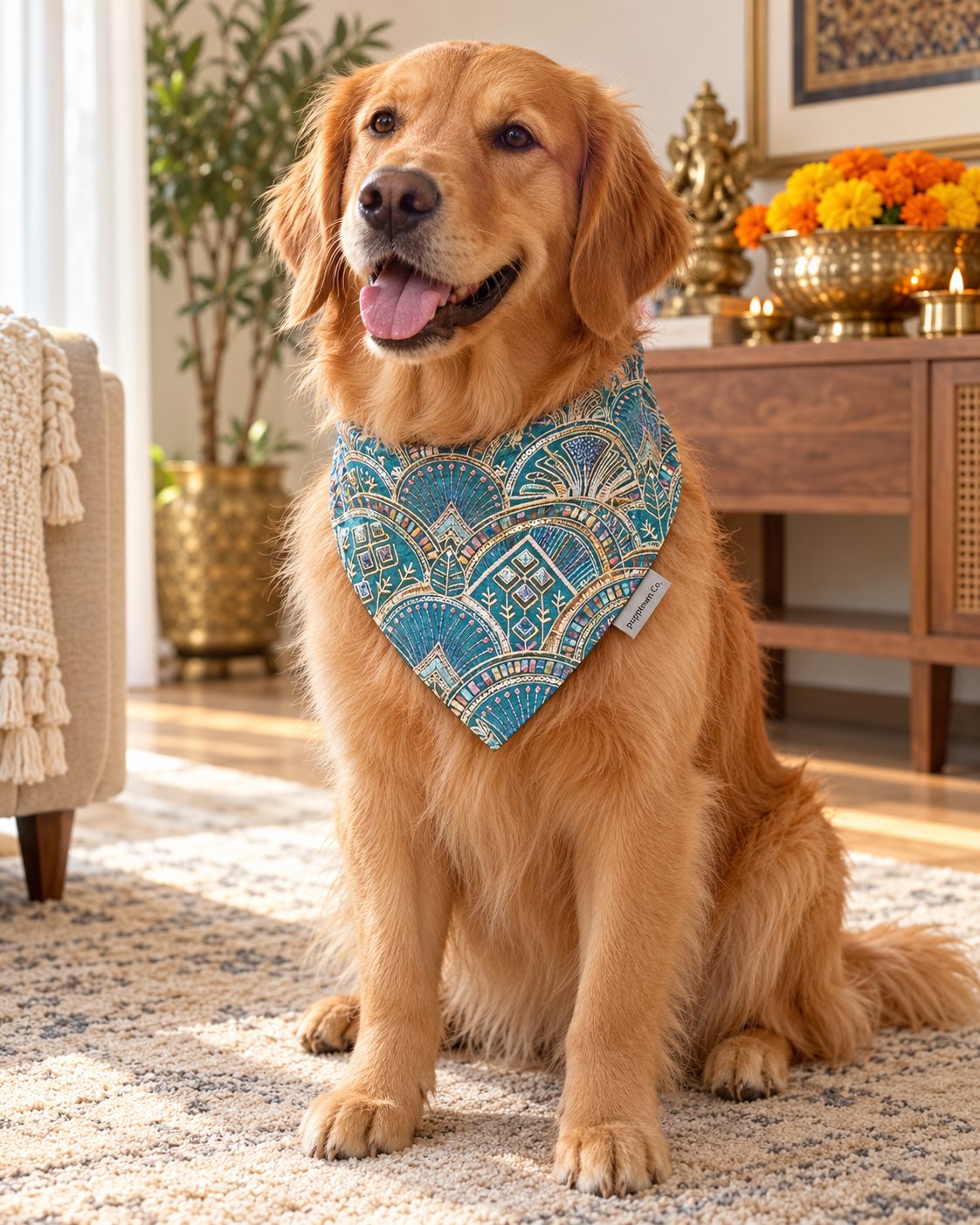 Golden retriever wearing the Jewel Celebration teal patterned Diwali bandana