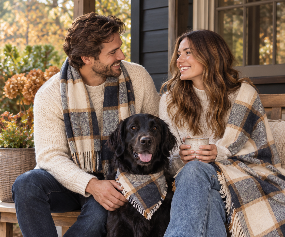 Couple seated with a black dog in a Lakeside Plaid bandana; the man wears a matching scarf and the woman holds a throw.