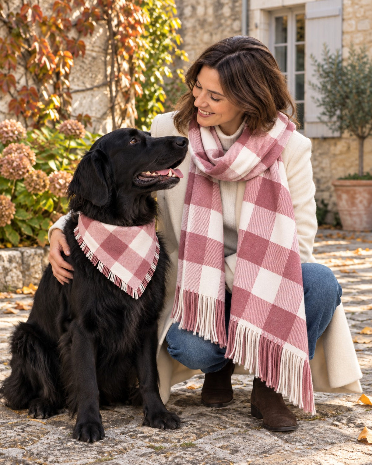 Woman wearing a pink-and-ivory Rosewood Check fringed scarf beside a dog wearing the matching fringed pet bandana.