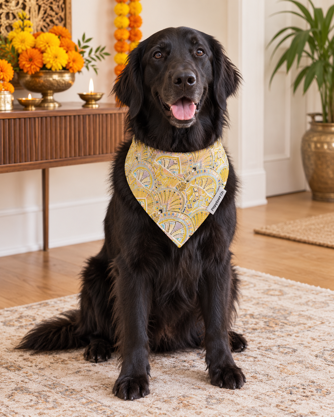 Black retriever wearing a golden patterned Diwali dog bandana