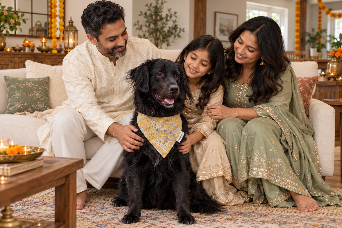 Family portrait with a dog wearing a mustard Diwali bandana