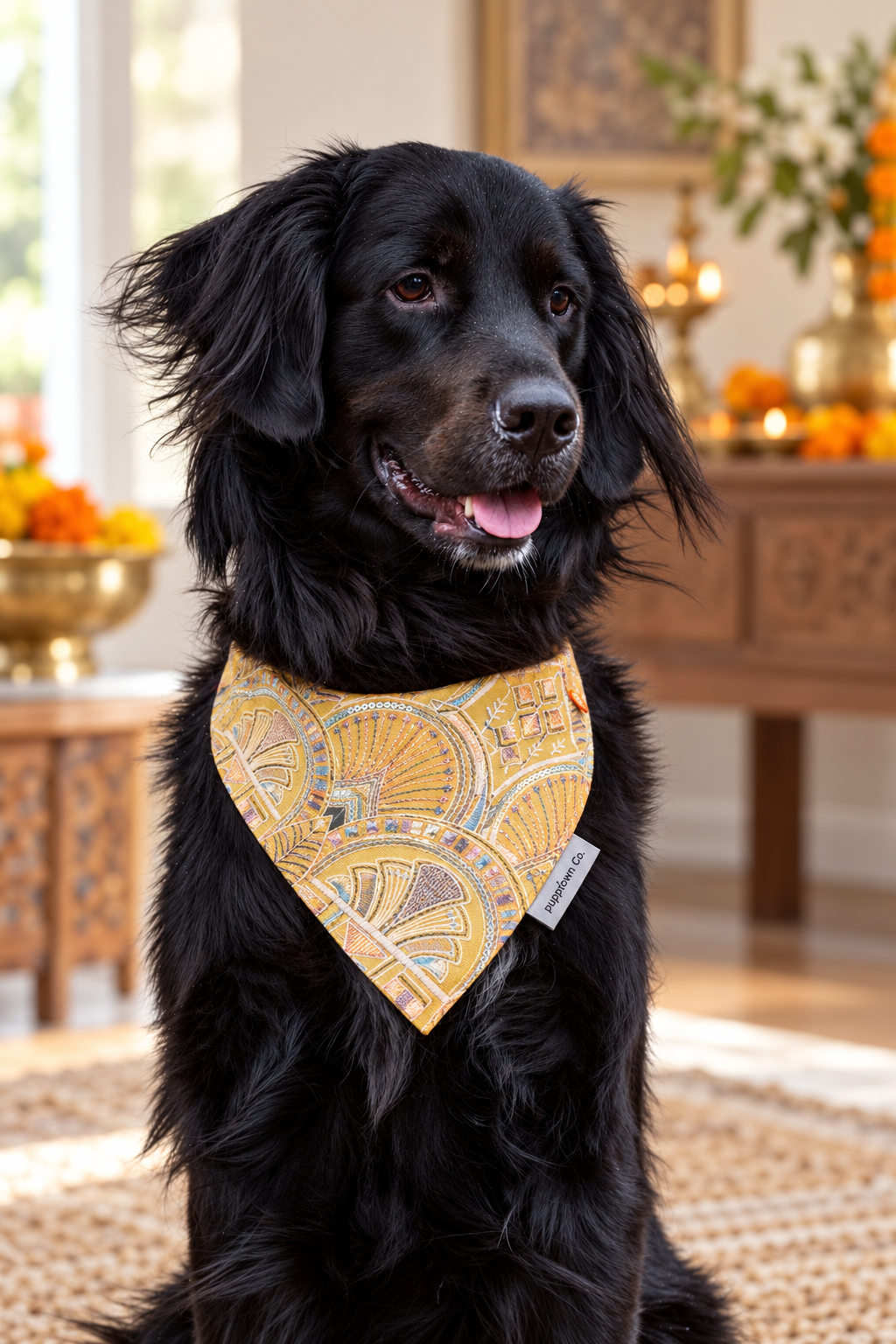 Black dog wearing the Golden Celebration mustard patterned Diwali bandana