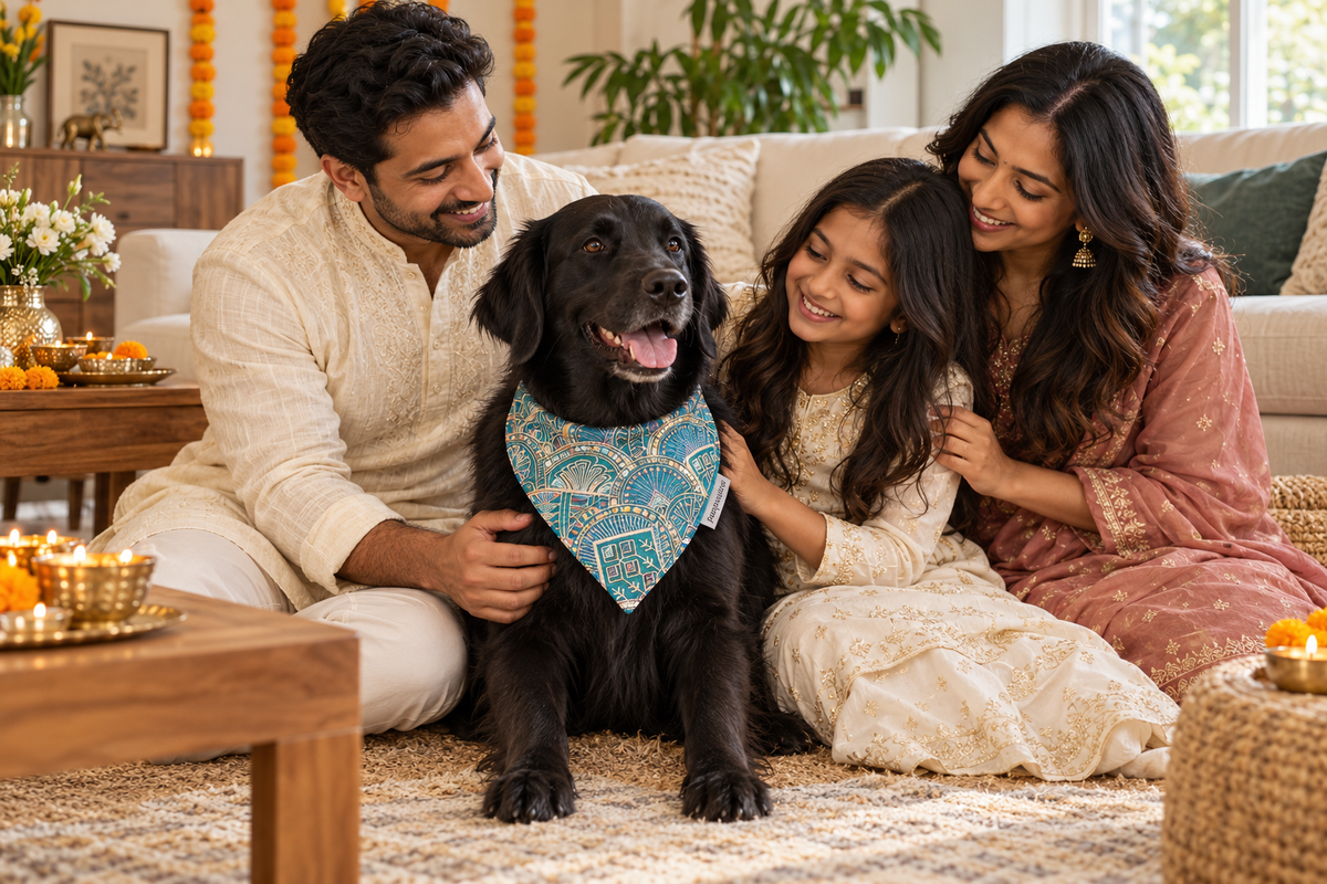 Family celebrating Diwali with their dog wearing a teal bandana
