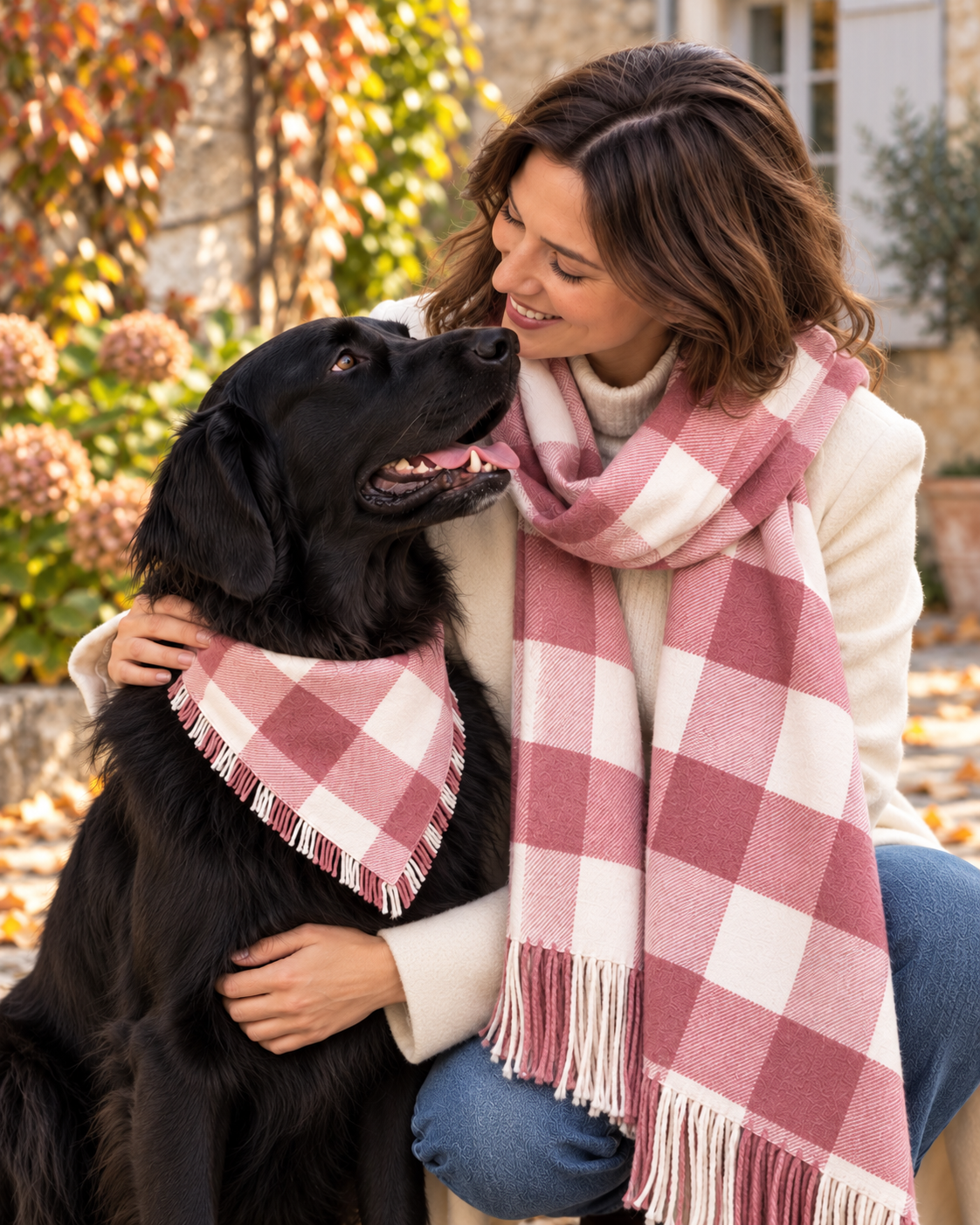 Woman cuddling a black dog, showing the matching Rosewood Check scarf and fringed pet bandana.