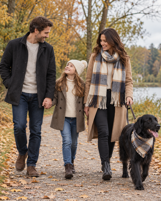 A family of three walks along a leaf-strewn path in an autumn park, accompanied by a black dog. The father wears a black coat over a beige sweater and blue jeans, the mother wears a beige coat with a large plaid scarf, and their daughter wears a brown coat, a cream knit beanie, and blue jeans.