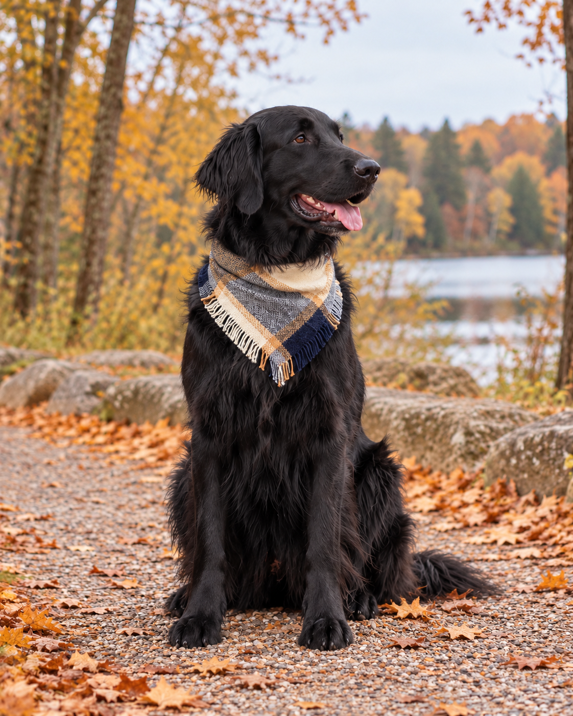 Black dog wearing the Lakeside Plaid fringed bandana beside a lake surrounded by autumn trees.