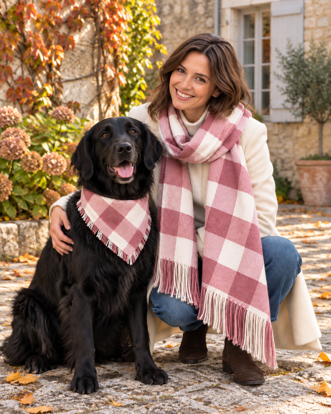 Woman and black dog facing the camera in matching pink-and-ivory Rosewood Check accessories.