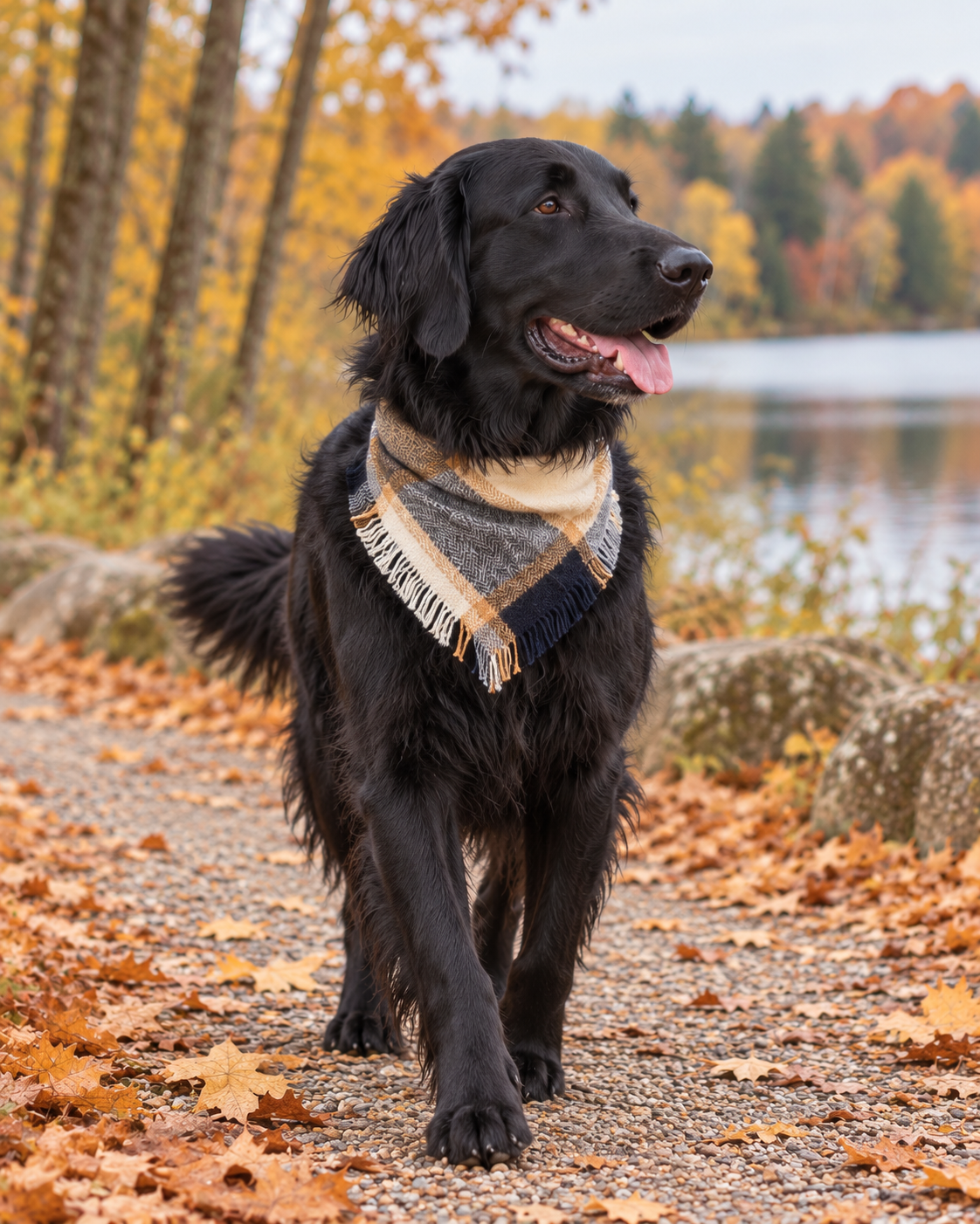 Black dog walking on an autumn lakeside path wearing the Lakeside Plaid fringed pet bandana.