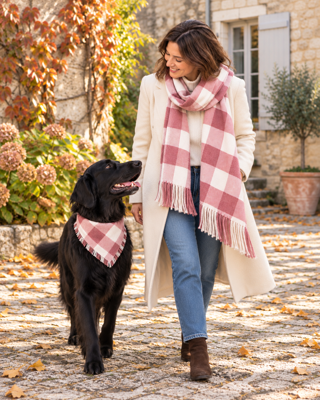 Woman and black dog walking in matching Rosewood Check fringed scarf and pink-and-ivory pet bandana.