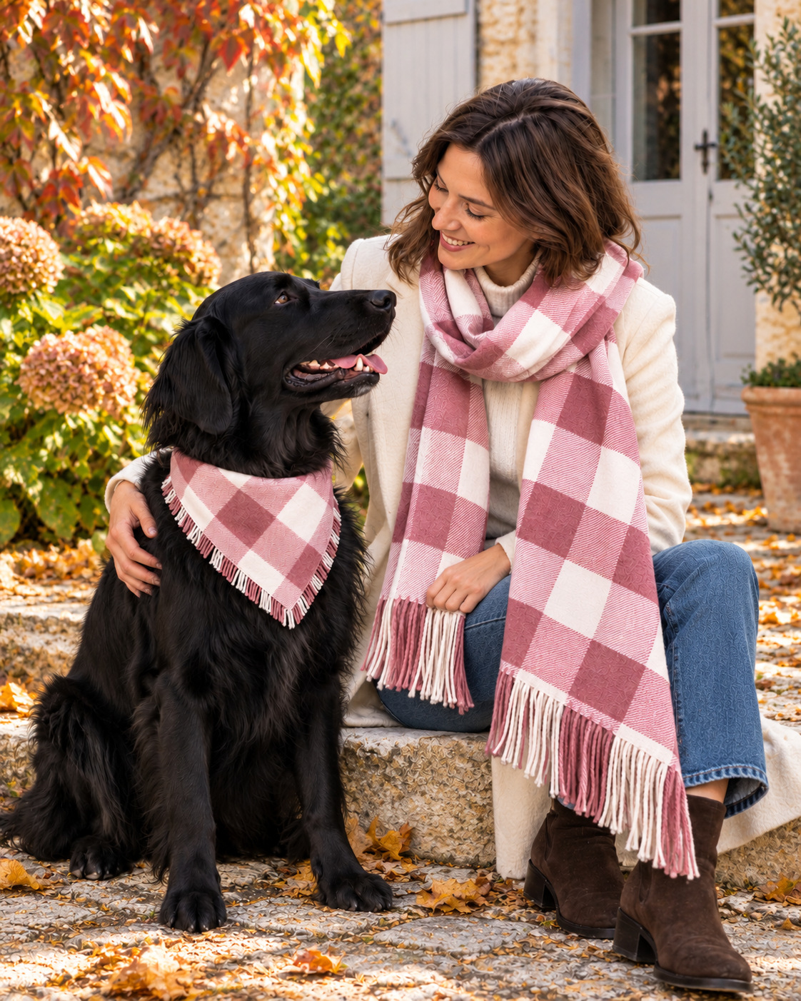 Woman seated beside a black dog wearing the matching Rosewood Check fringed scarf and pet bandana.