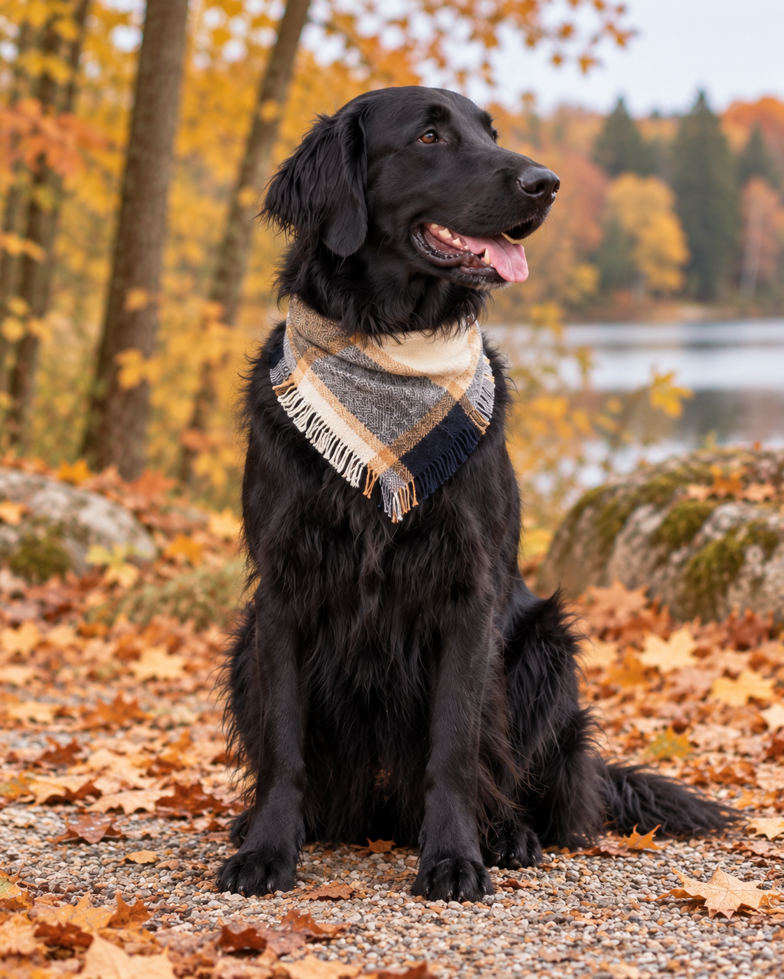 Black dog seated among autumn leaves, showing the plaid pattern and fringe of the Lakeside pet bandana.