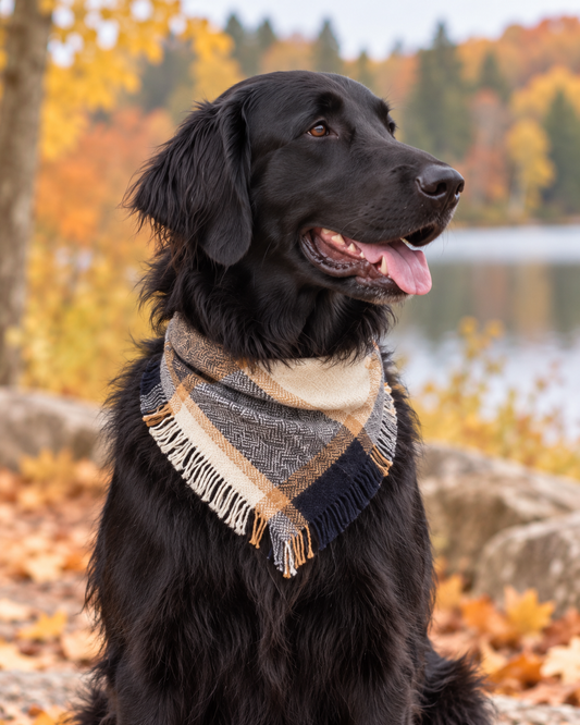 Close-up of a black dog wearing the Lakeside Plaid fringed bandana in cream, grey and navy beside a lake.